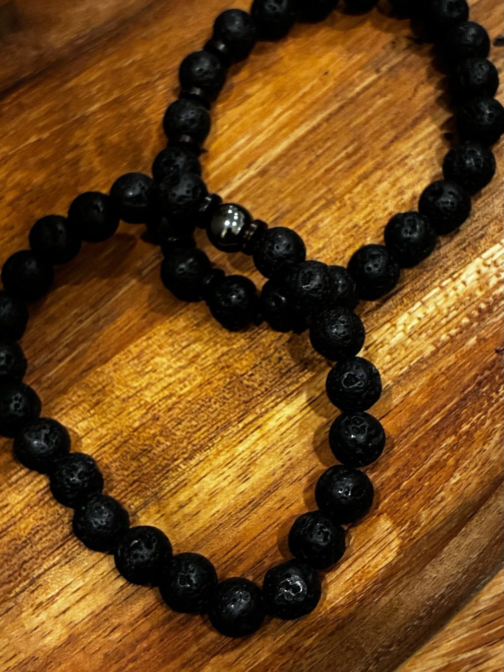 Set 2 Black Lava Stone Beaded Stretch Bracelet for Men 18.5-19.5cms